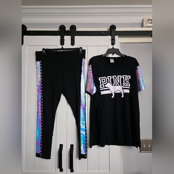 Victoria's Secret Pink Campus Short Sleeve T-Shirt and Flat Waist Leggings. NWOT